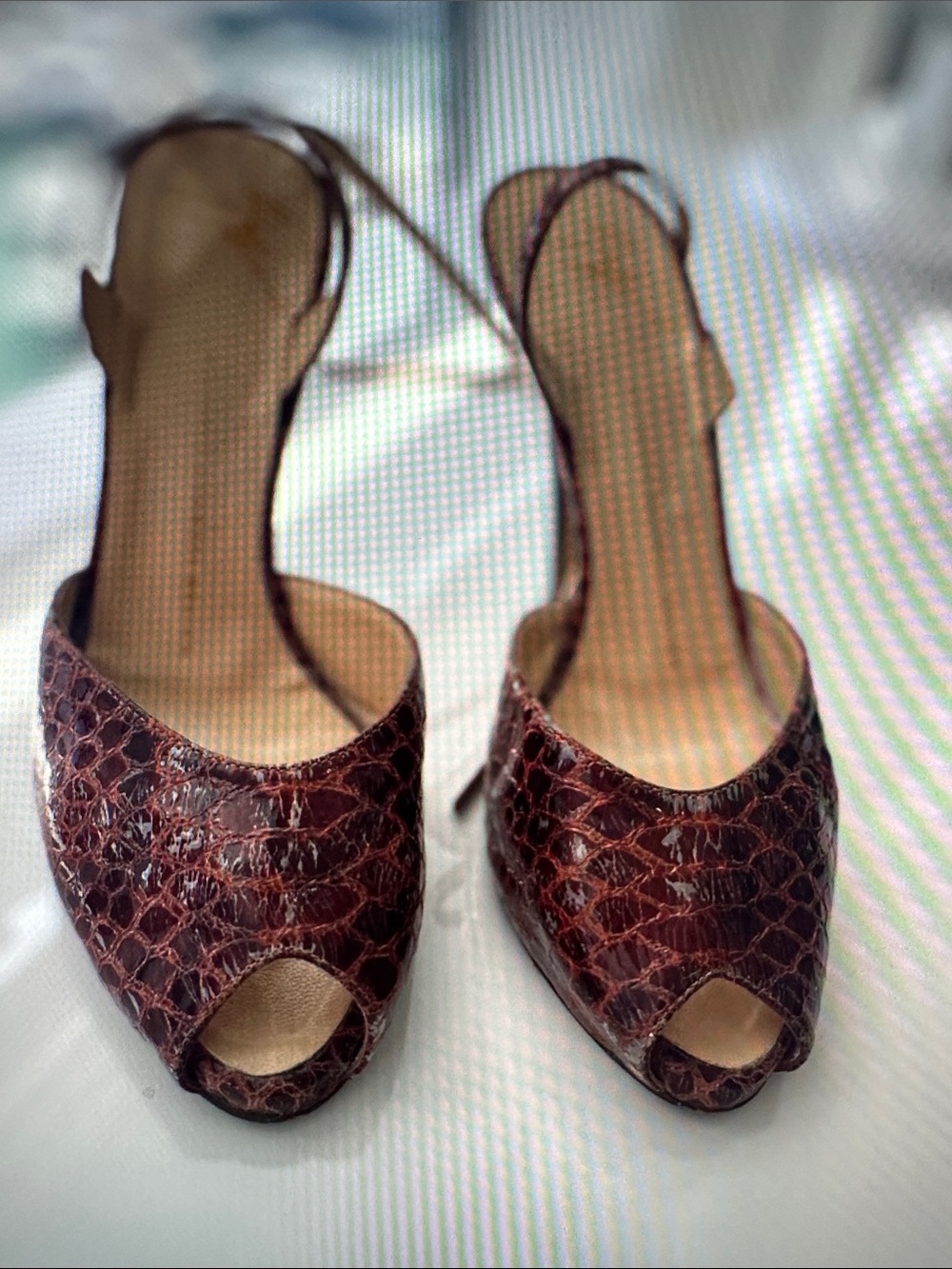 Giuseppe Zanotti Brown Croc-Embossed Peep-Toe Slingback Heels